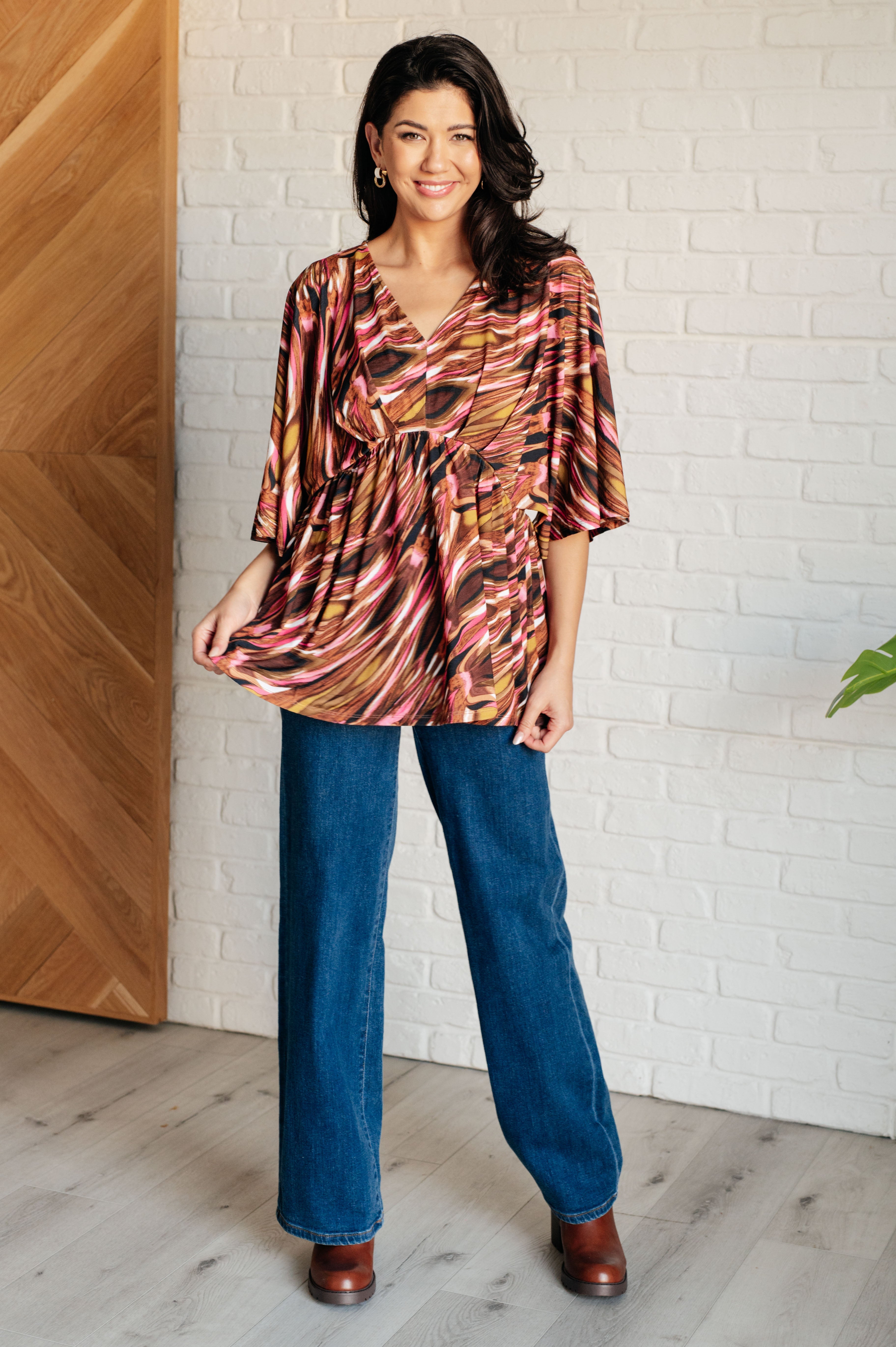 Dear Scarlett Dearest Dreamer Peplum Top in Abstract Mocha Shirts & Tops