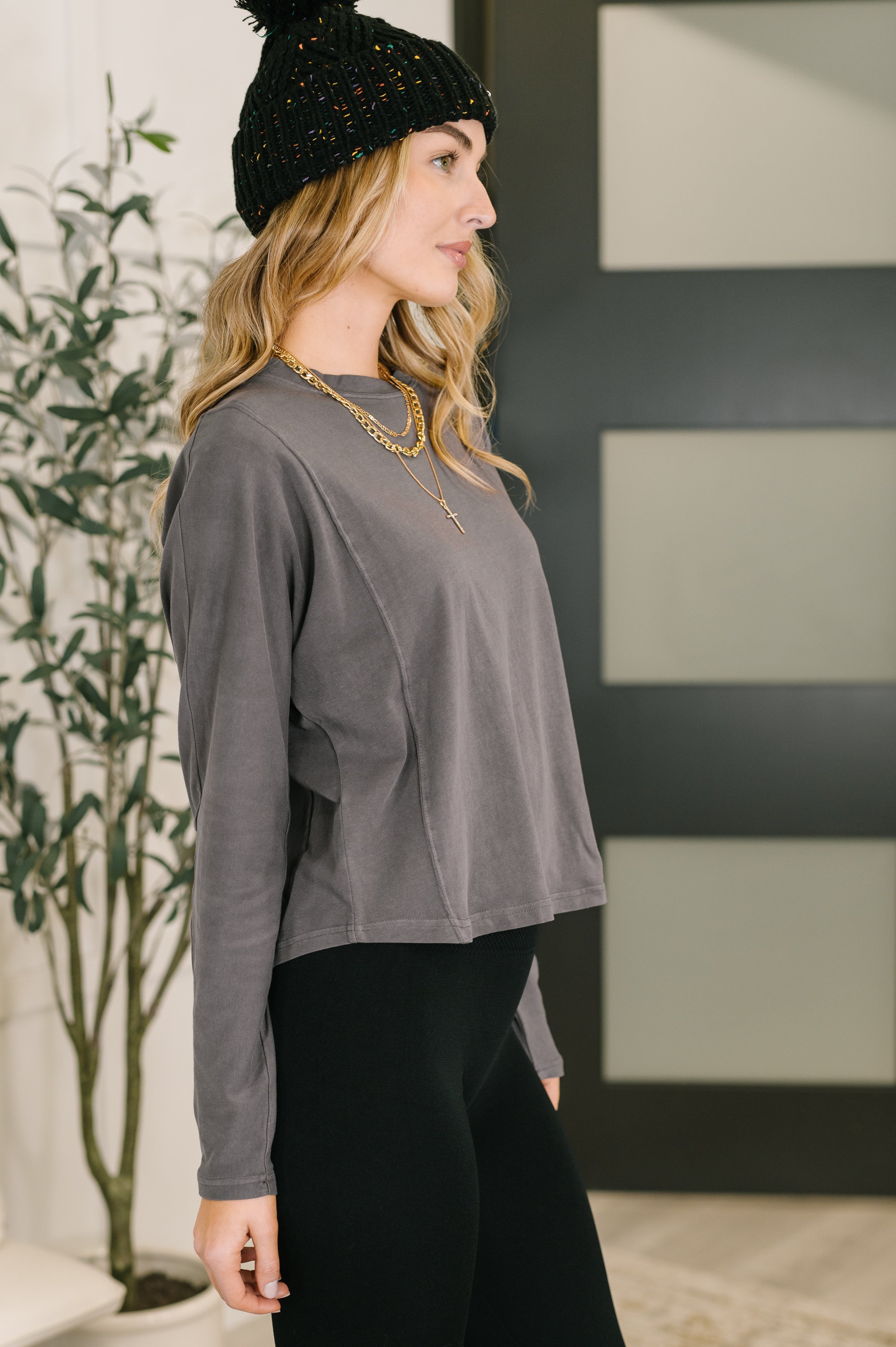 Mono B Dedicated Dolman Sleeve Top in Charcoal Gray Womens