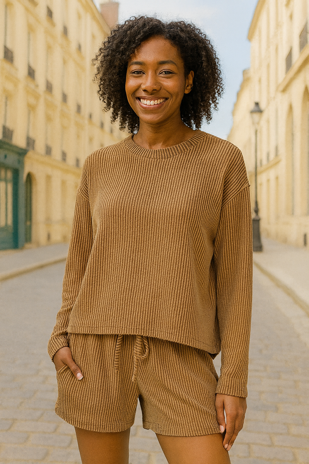 Zenana Deep Camel Raised Corded Rib Long Sleeve Tee and Shorts Set DEEP CAMEL