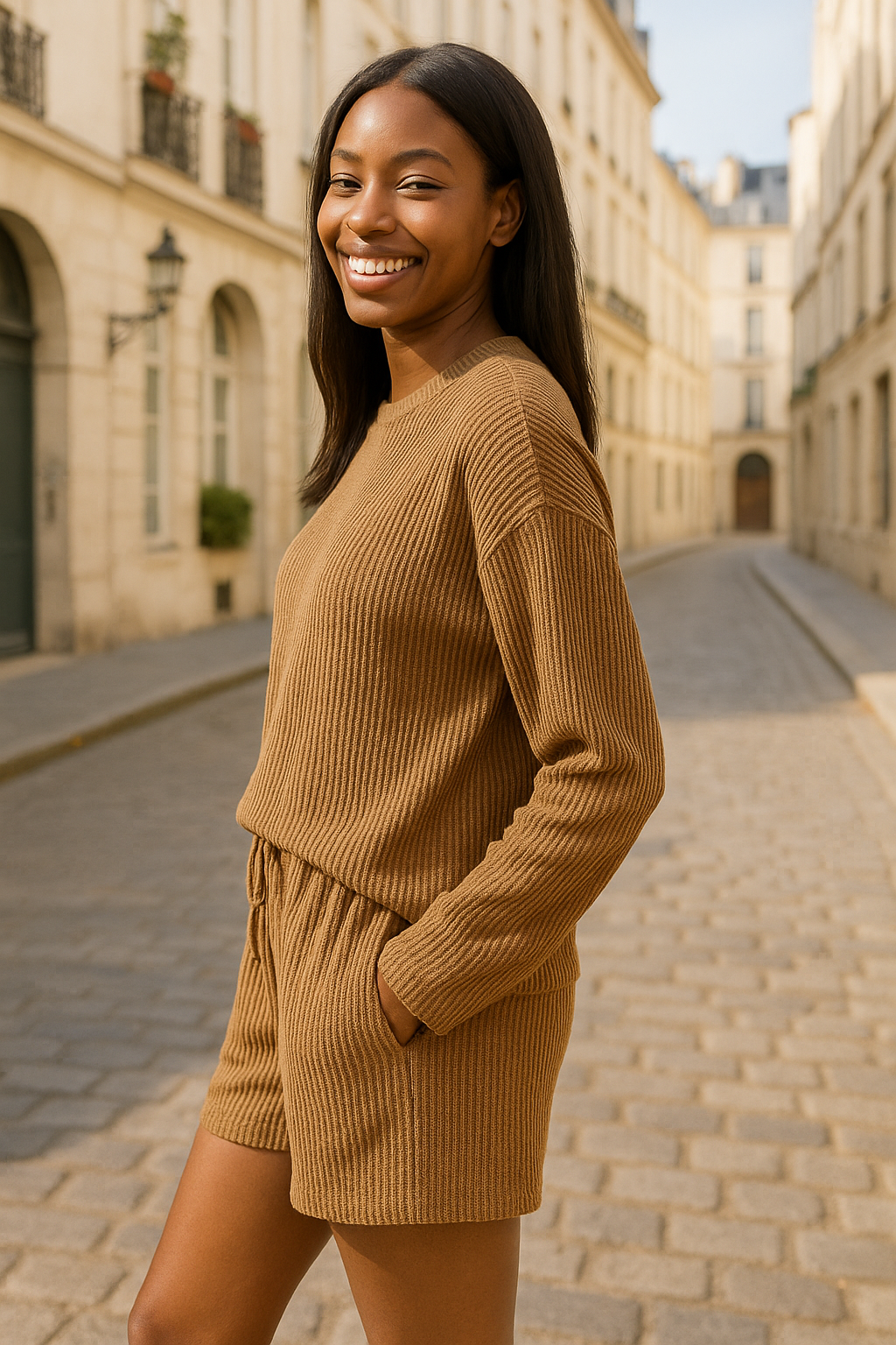 Zenana Deep Camel Raised Corded Rib Long Sleeve Tee and Shorts Set