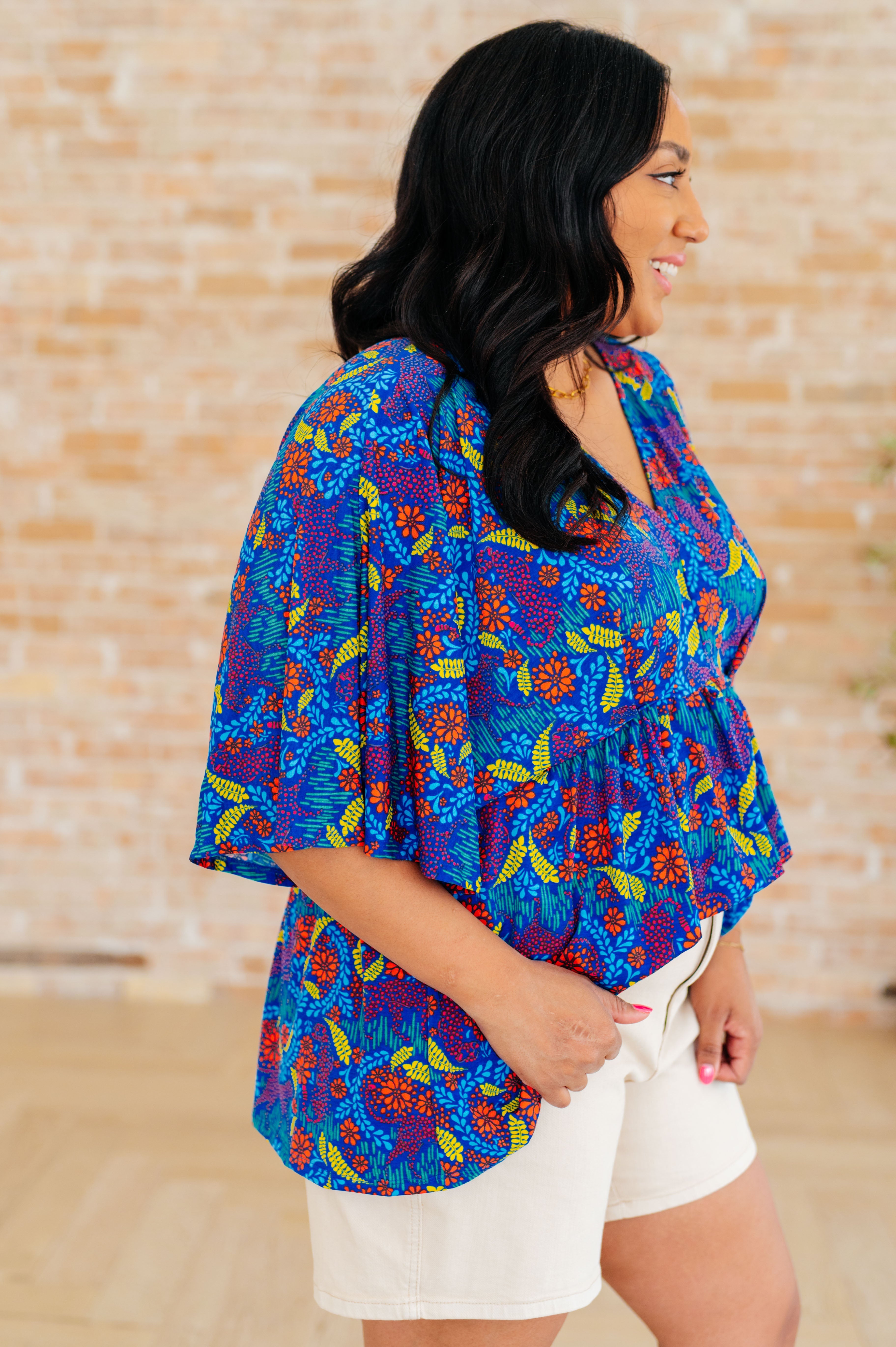 Dear Scarlett Dreamer Peplum Top in Royal and Red Abstract Tops