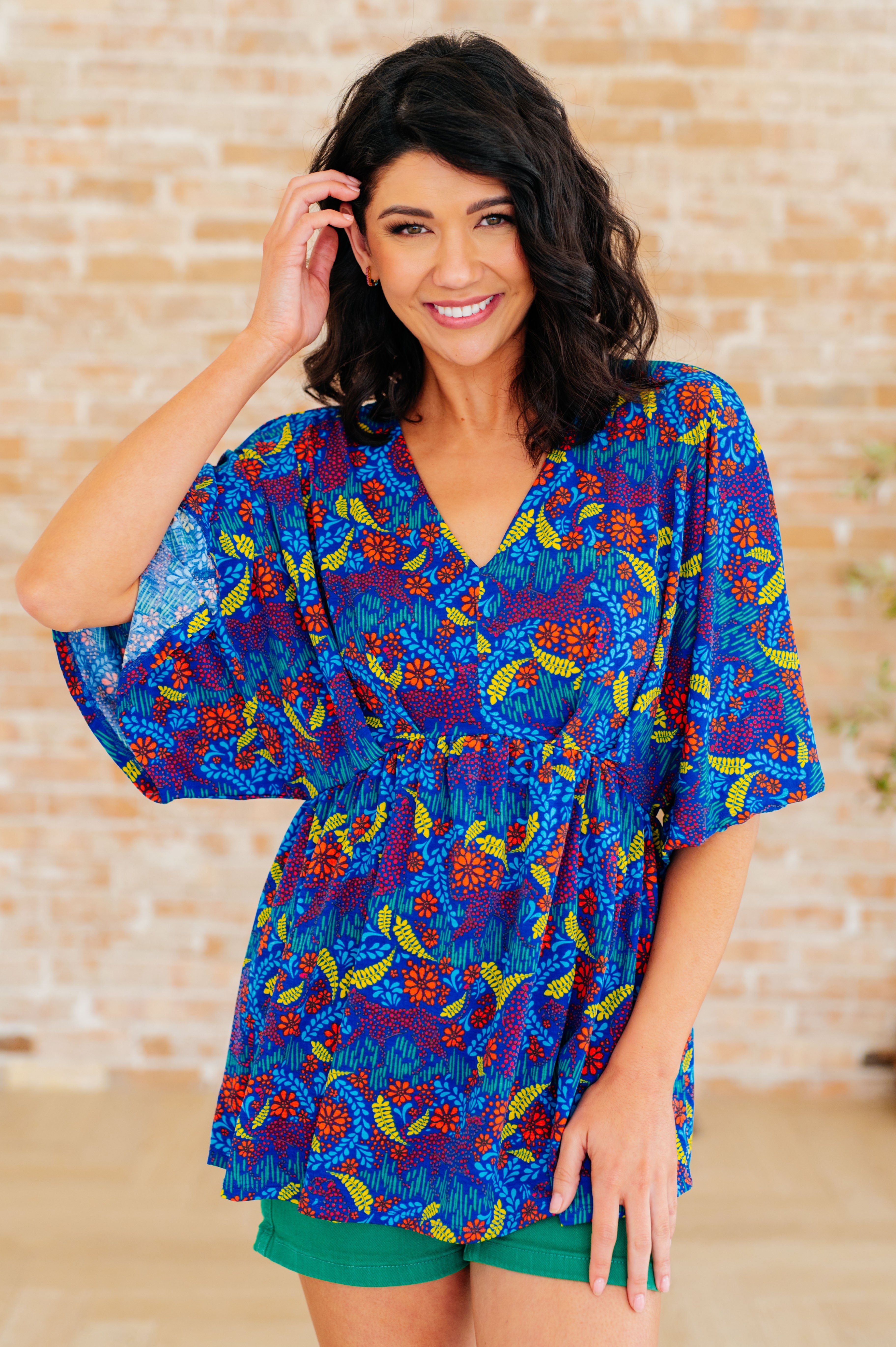 Dear Scarlett Dreamer Peplum Top in Royal and Red Abstract Shirts & Tops