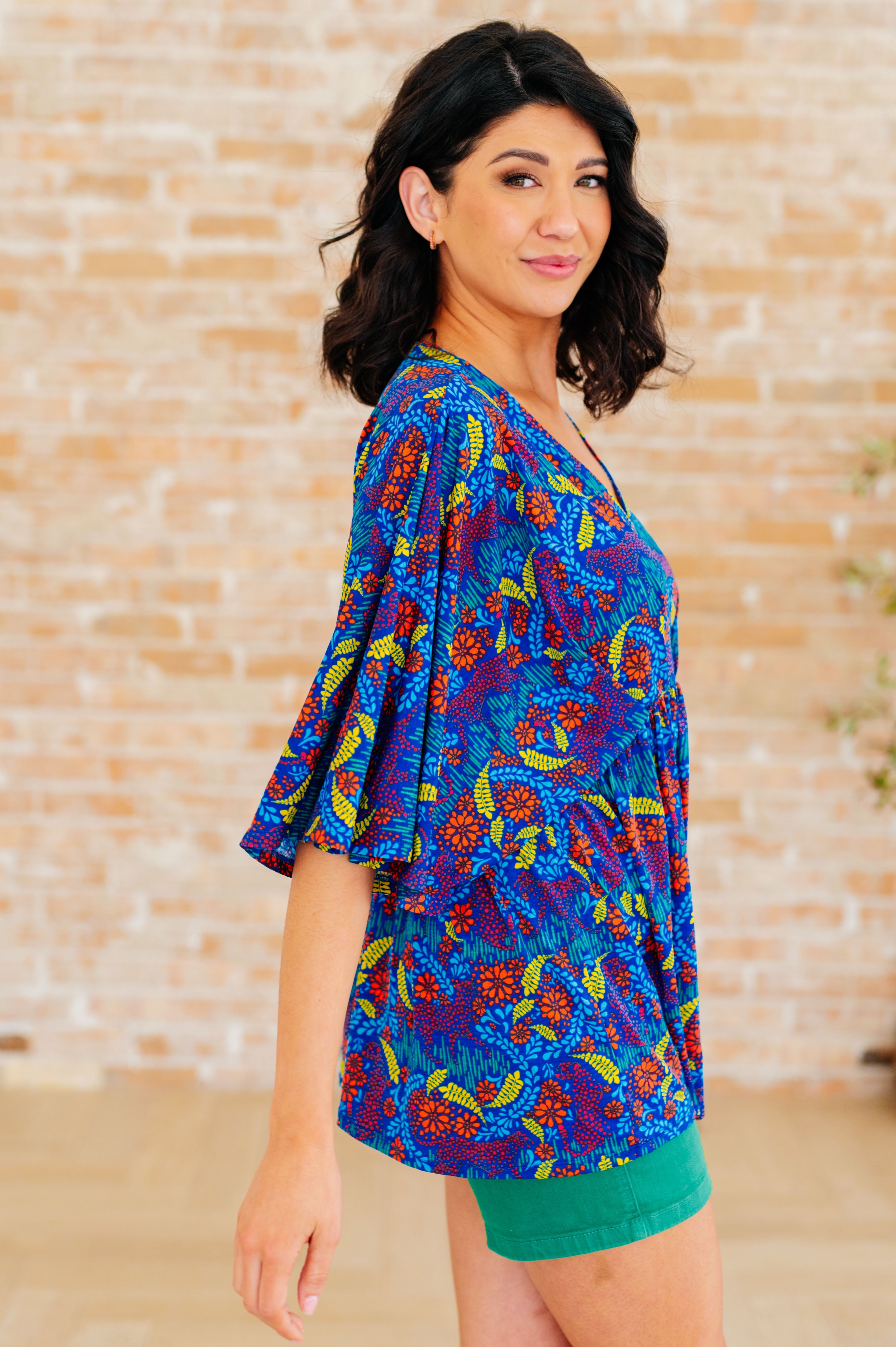 Dear Scarlett Dreamer Peplum Top in Royal and Red Abstract Tops