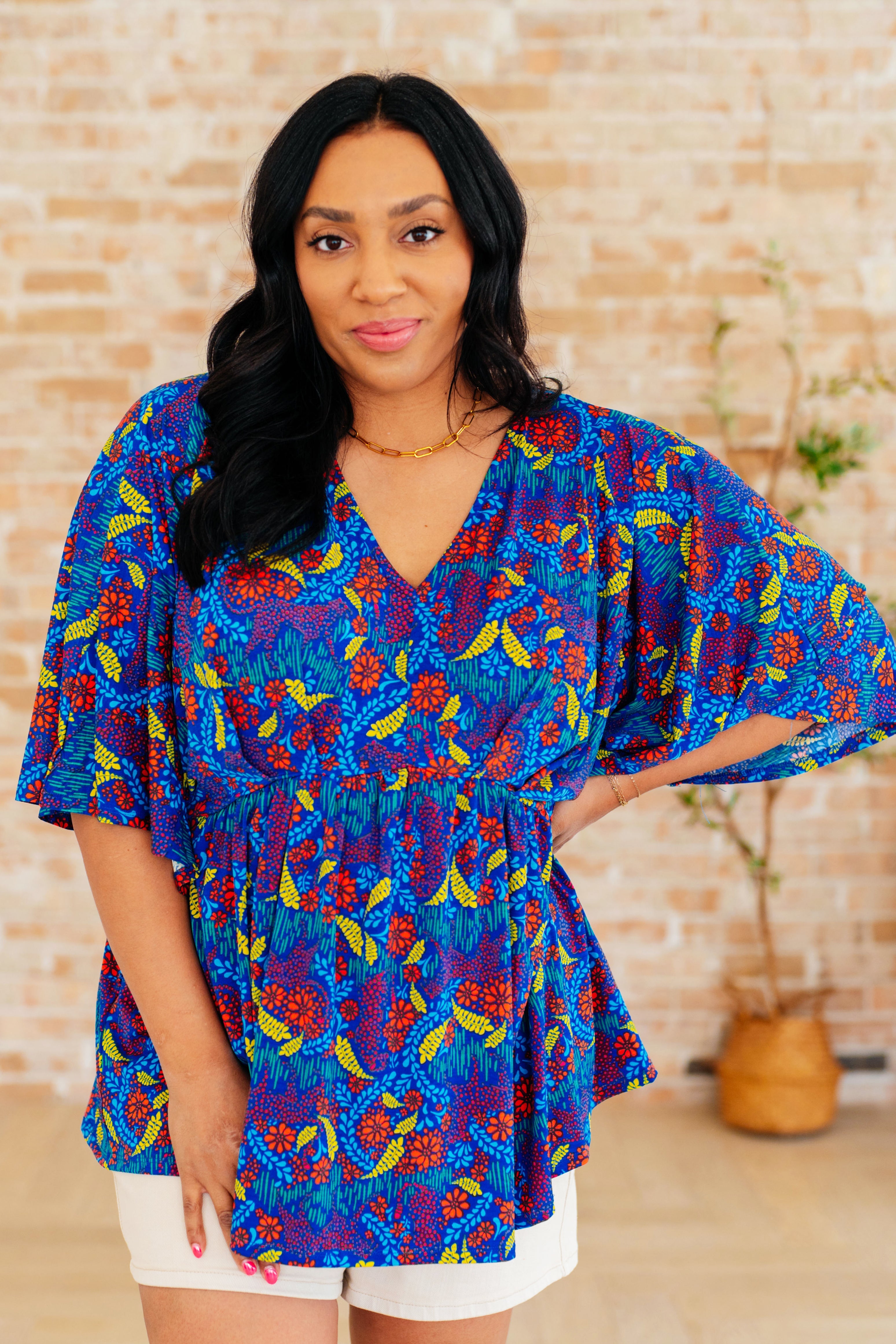 Dear Scarlett Dreamer Peplum Top in Royal and Red Abstract Shirts & Tops