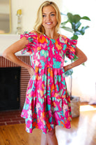 Haptics Look of Love Fuchsia Abstract Floral Print Smocked Ruffle Sleeve Dress