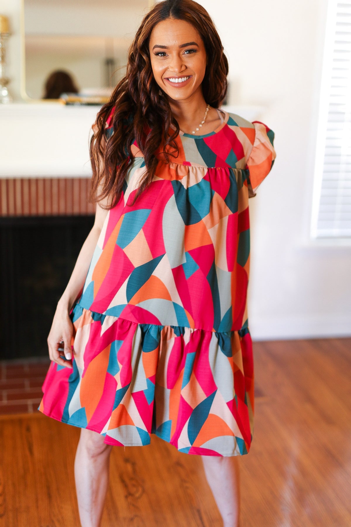 Haptics Stand Out Magenta & Teal Geometric Yoke Woven Dress final sale