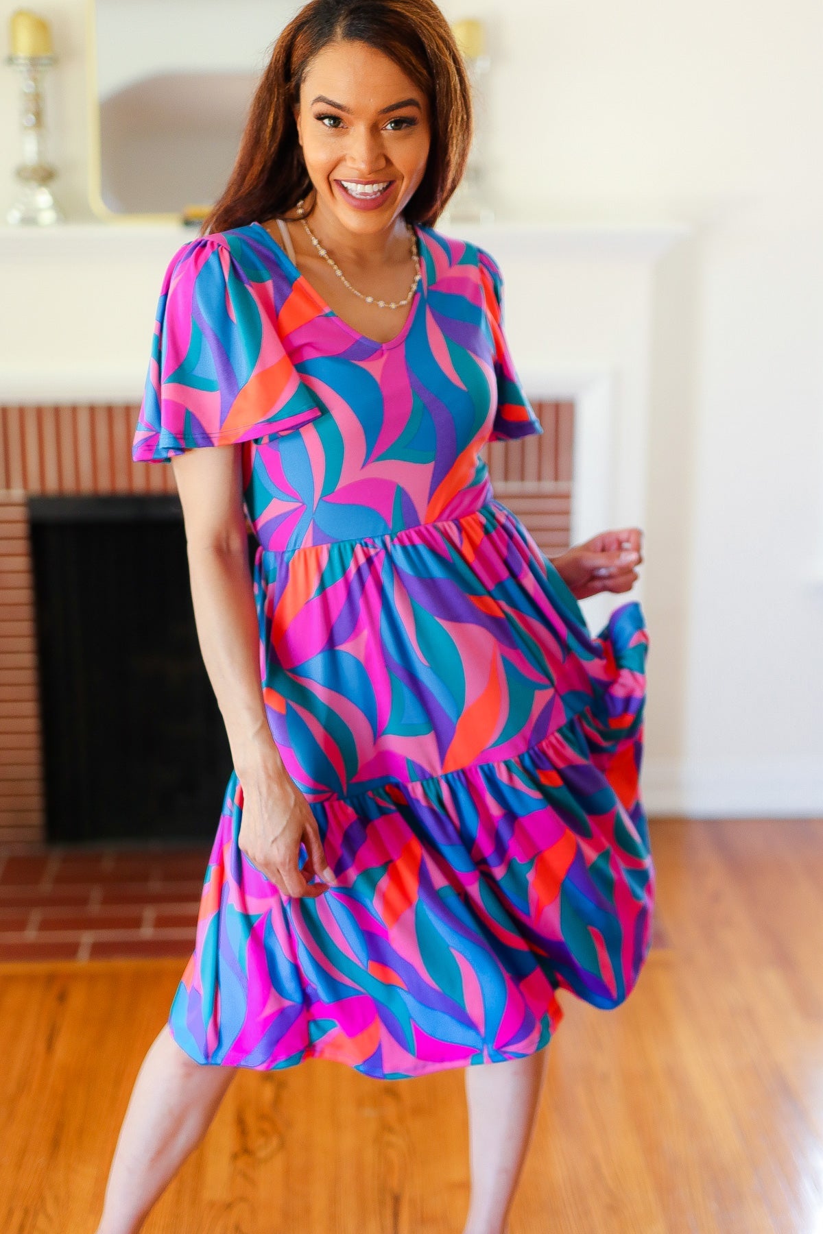 Haptics Remember Me Blue & Fuchsia Geo Print V Neck Dress