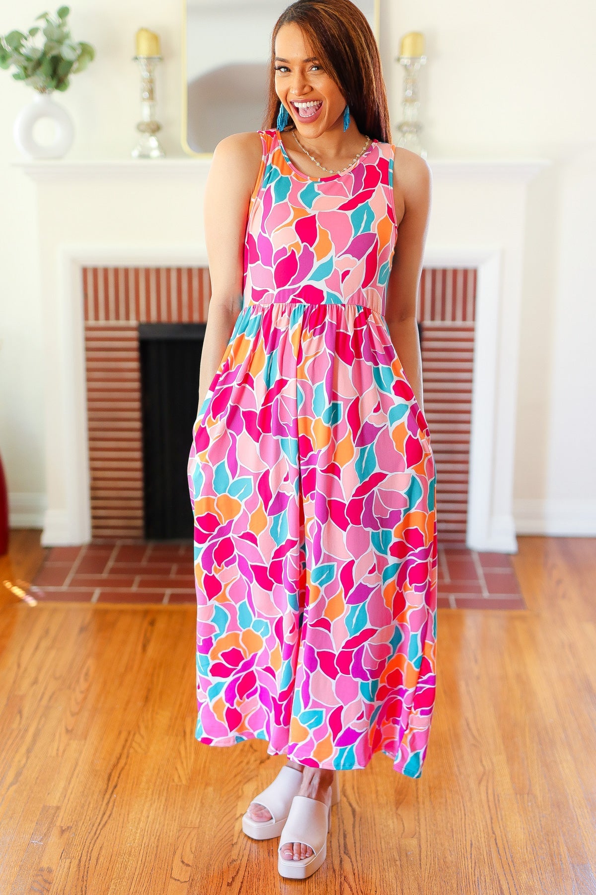 Haptics Hello Beautiful Fuchsia Abstract Floral Fit & Flare Maxi Dress Final Sale