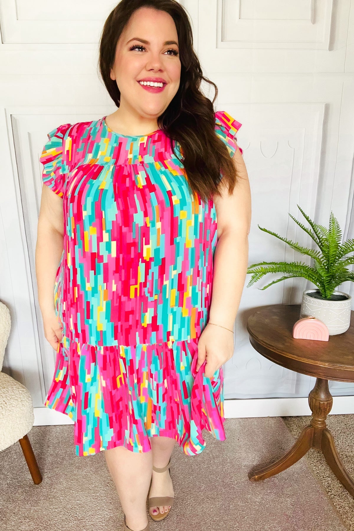 Haptics Feeling Bold Multicolor Abstract Print Tiered Ruffle Sleeve Dress 2024 Summer Blow Out Sale