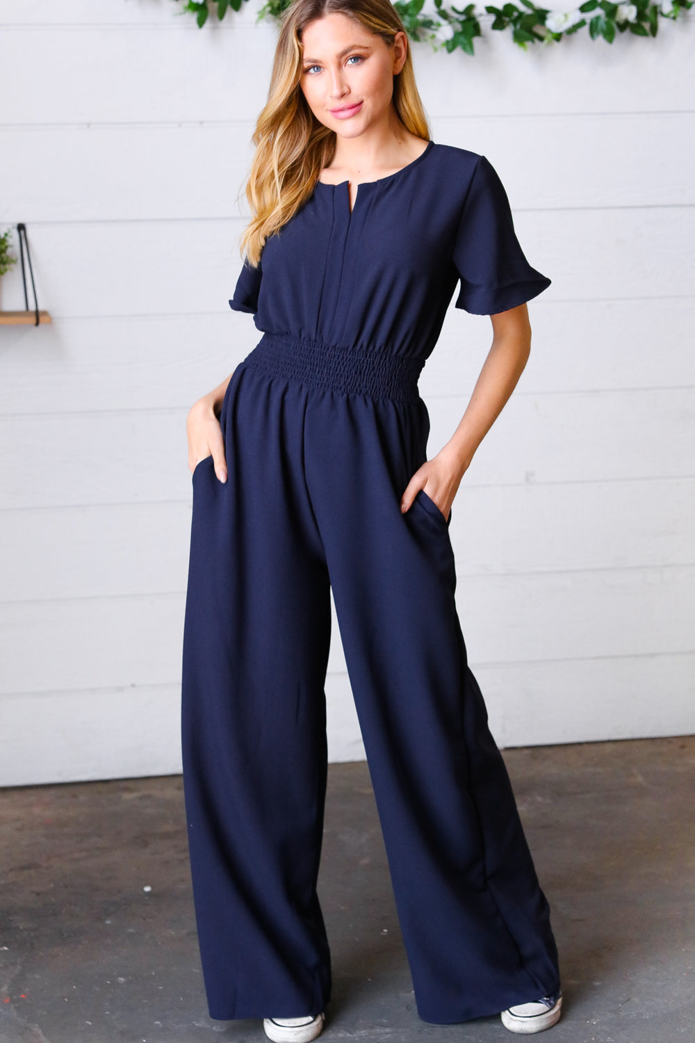 Haptics Dark Blue Smocked Waist Notch Neck Crepe Jumpsuit Final Sale