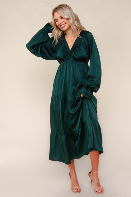 Haptics Hunter Green V NECK Satin Maxi Dress