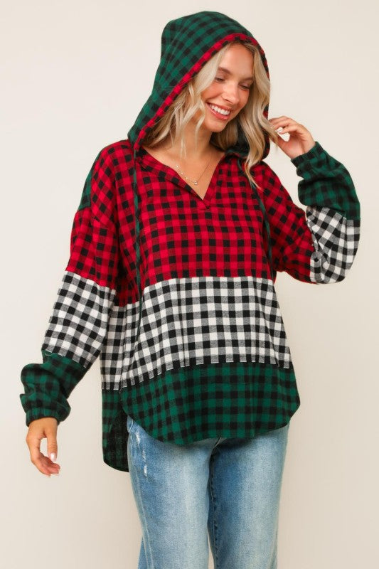 Haptics Color Block Plaid Woven Top with Hoodie