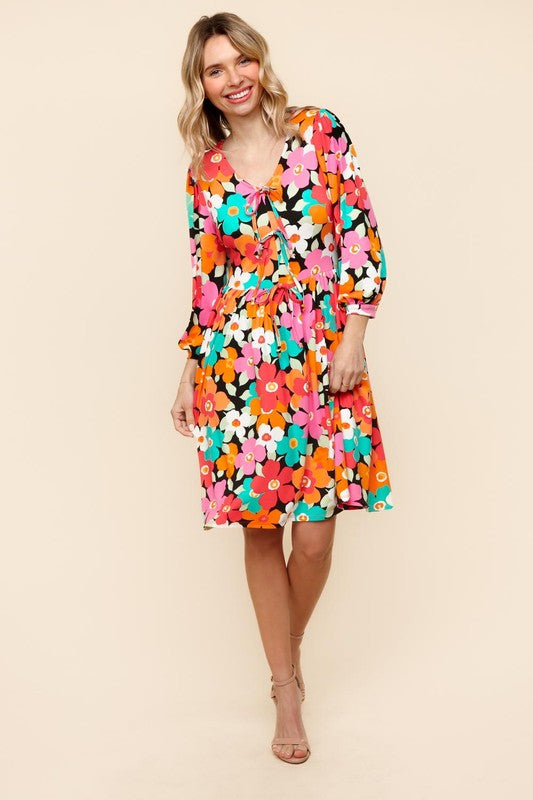 Haptics Little Bold V-Neck Ribbon Bow Detail Floral Knit Dress Womens