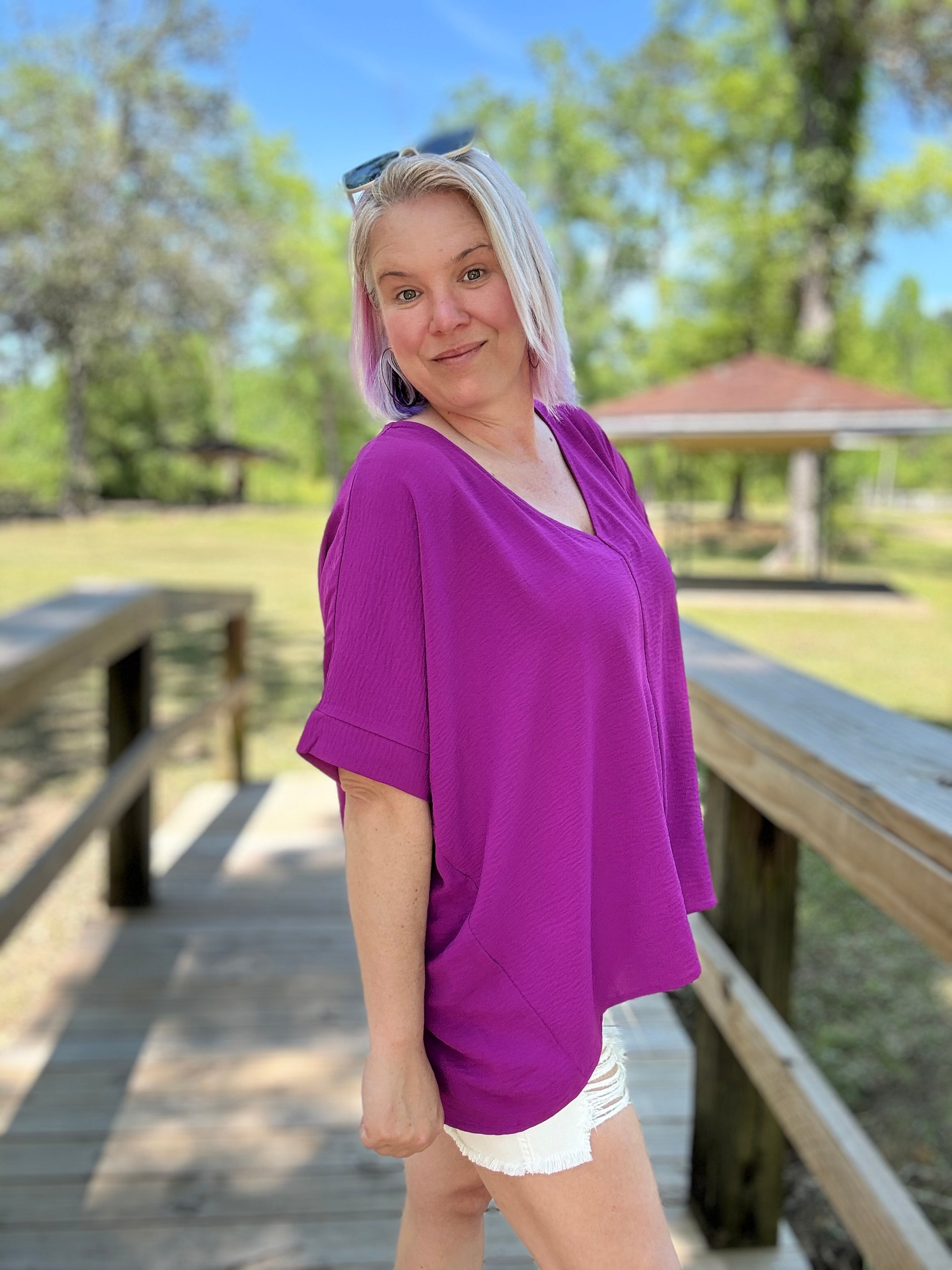 Zenana Plum Woven V Neck Dolman Short Sleeve Airflow Top Shirts & Tops