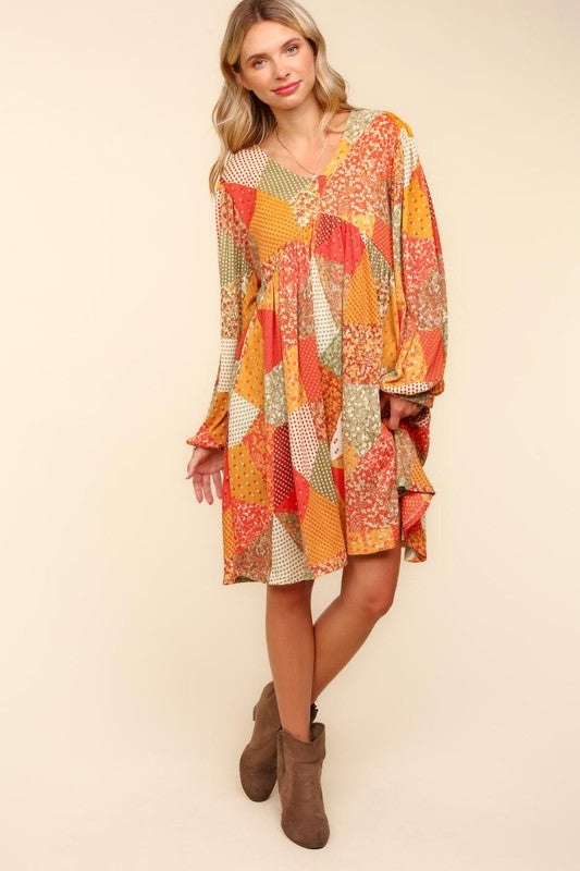 Haptics Fall Waffle Textured Patchwork Babydoll Dress