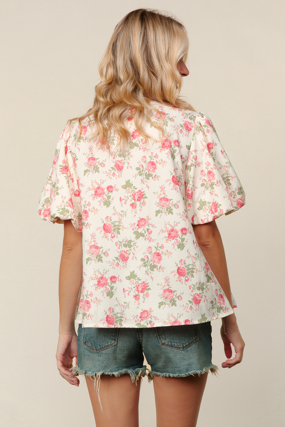Haptics Pleated Ribbon Floral Bubble Short Sleeve Top