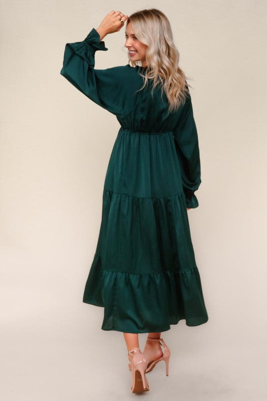 Haptics Hunter Green V NECK Satin Maxi Dress