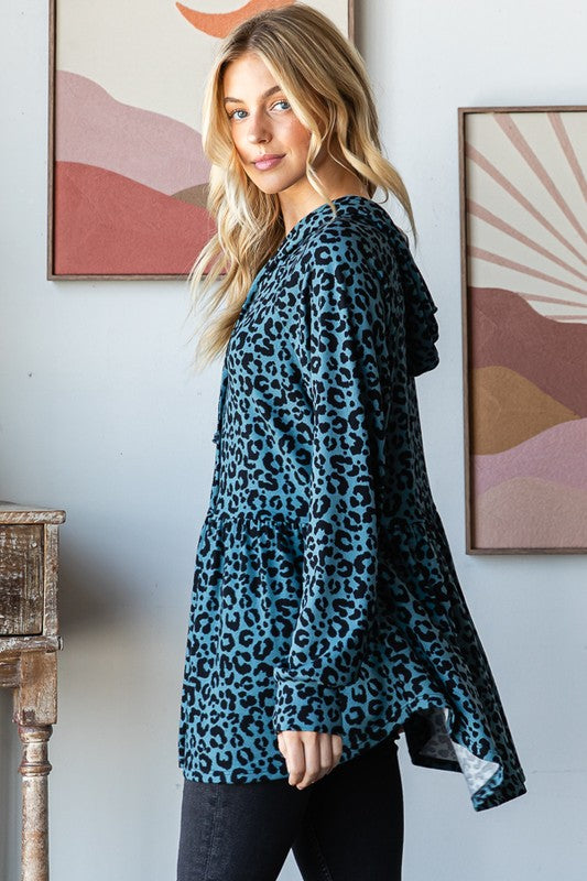 Heimish Teal Leopard Print Puff Sleeve Hooded Top Shirts & Tops