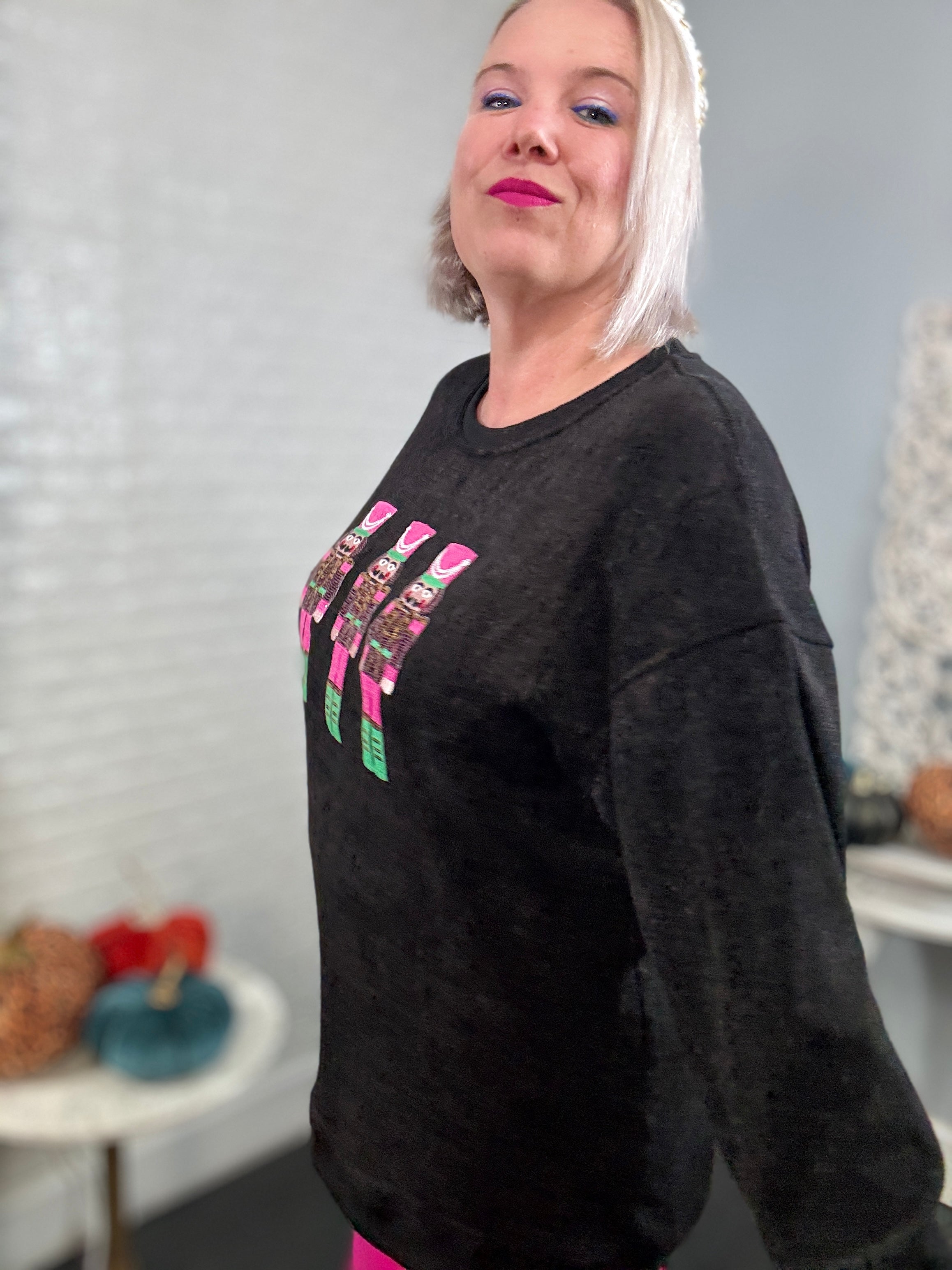 Ruby Idol Pink Sequin Nutcracker Ribbed Round Neck Long Sleeve Sweatshirt Shirts & Tops