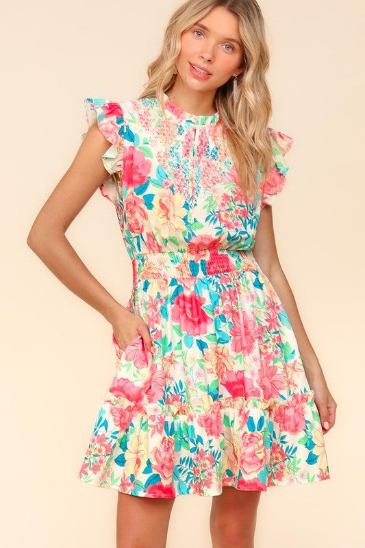 Haptics Floral Smocked Flutter Sleeve Ruffle Mini Dress