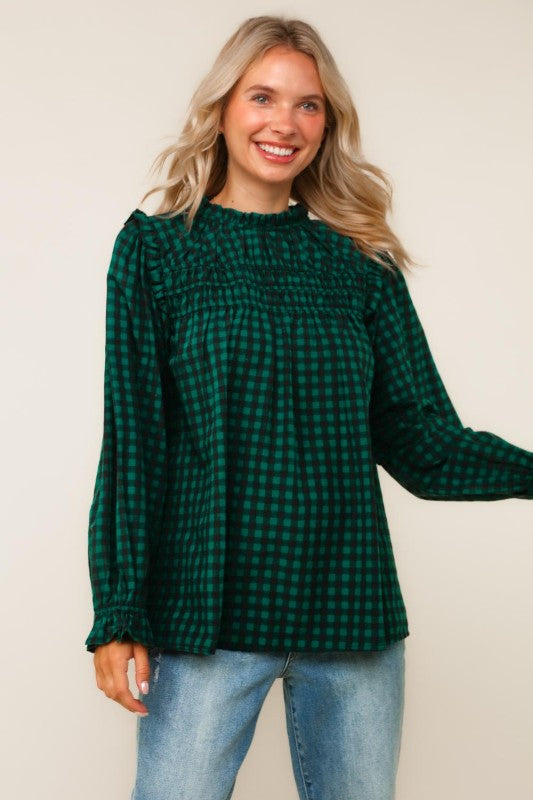 Haptics Green Frilled Mock Neck Gingham Check Woven Blouse