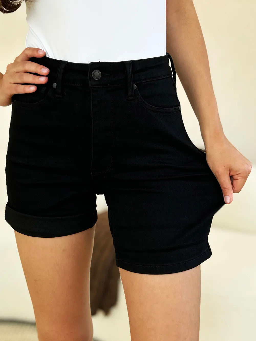 Judy Blue Black High Waist Tummy Control Cuffed Denim Shorts Shorts