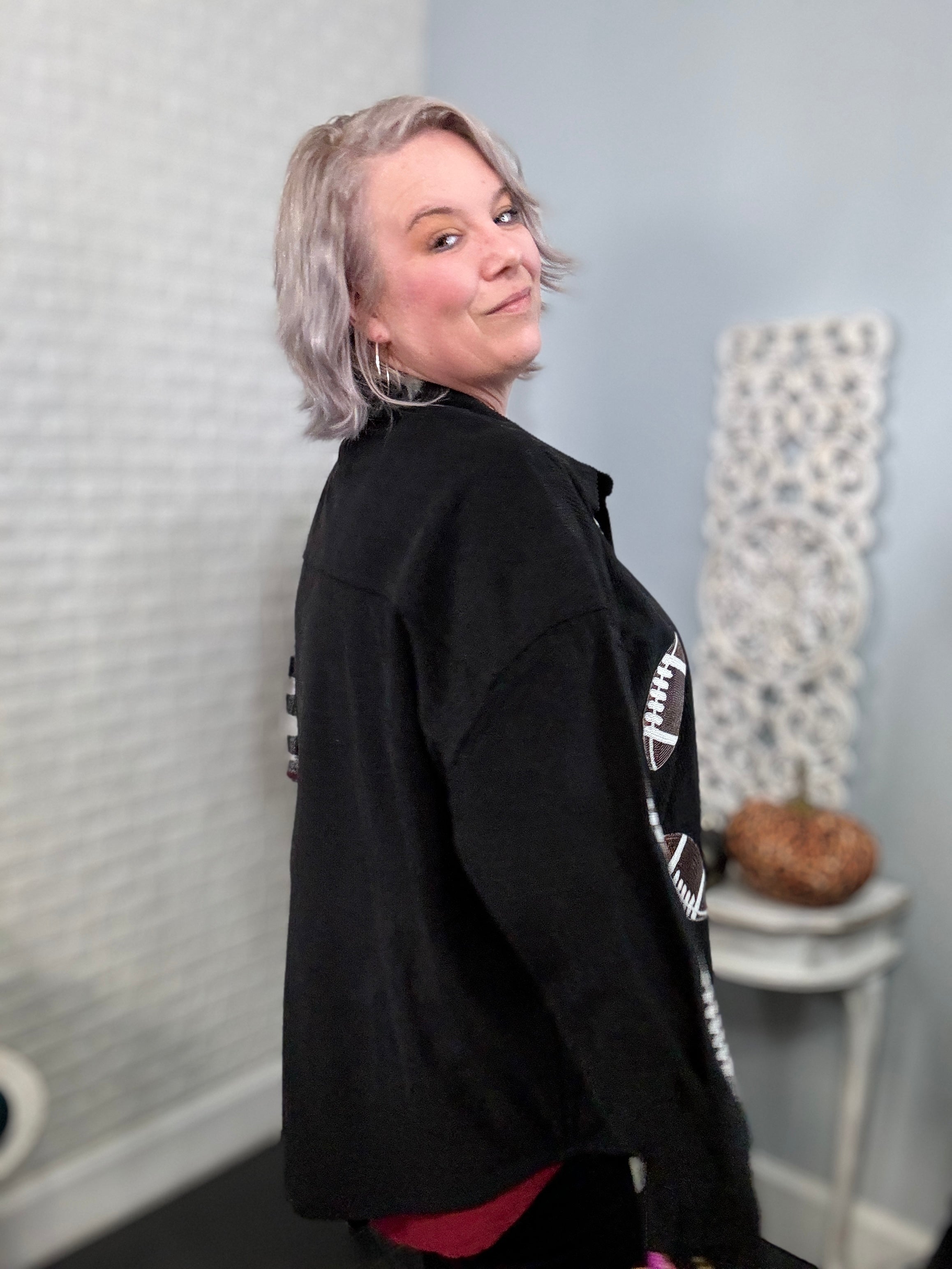 Preorder: Ruby Idol Sequin Football Black Button Up Long Sleeve Corduroy Jacket Shirts & Tops