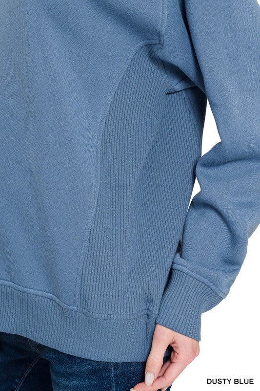 Zenana Ash Blue Fleece Round Neck Ribbed Side Raglan Sweatshirt