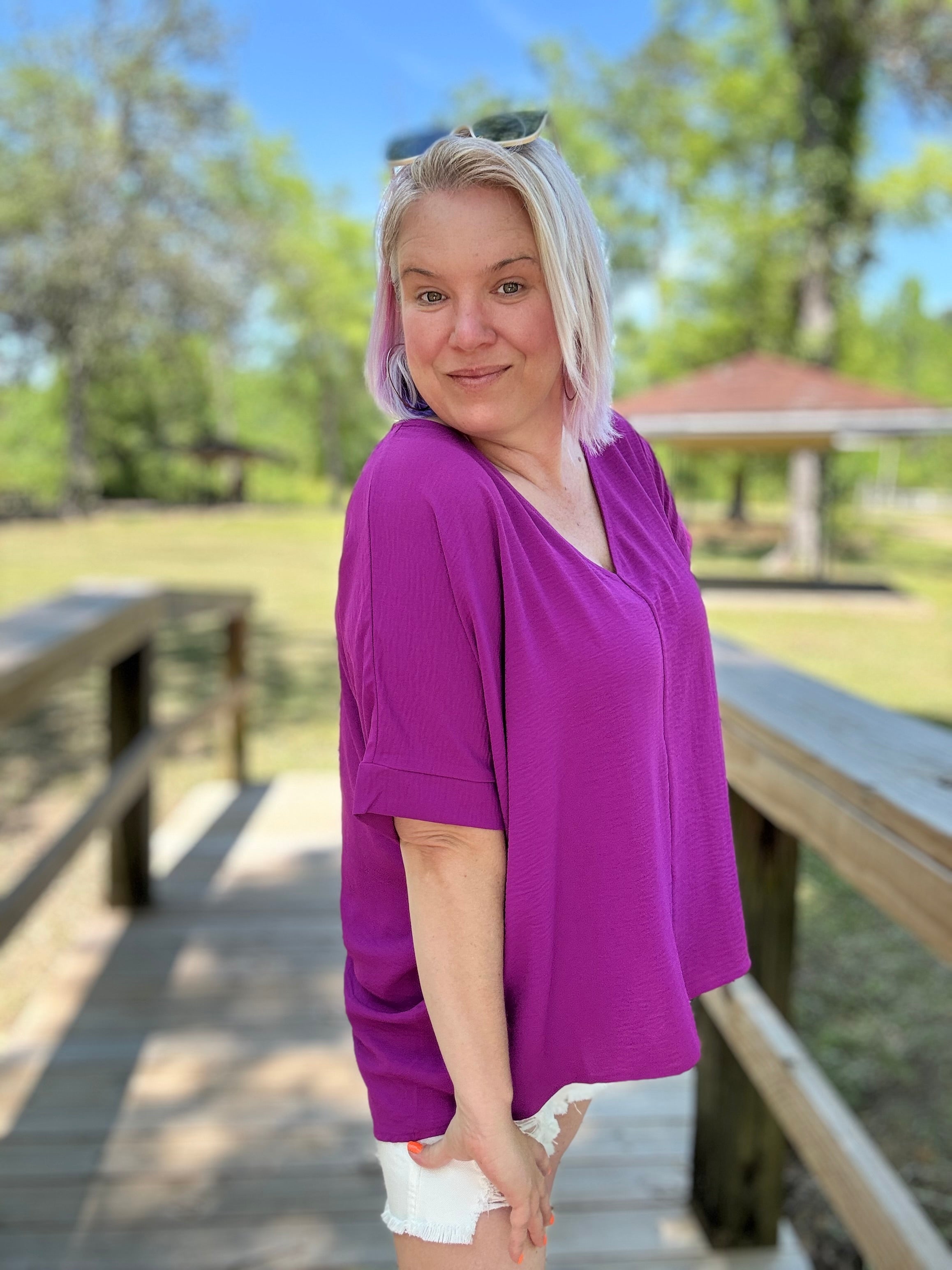 Zenana Plum Woven V Neck Dolman Short Sleeve Airflow Top Shirts & Tops