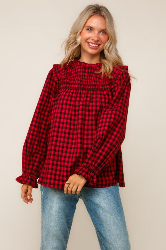 Haptics Red Frilled Mock Neck Gingham Check Woven Blouse