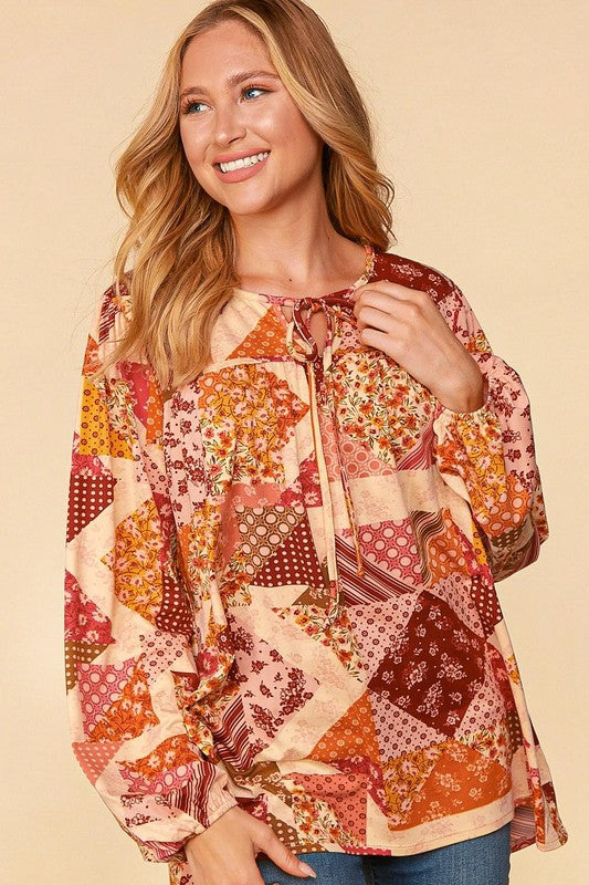 Haptics Rust & Magenta Patchwork Print Front Tie Boho Top