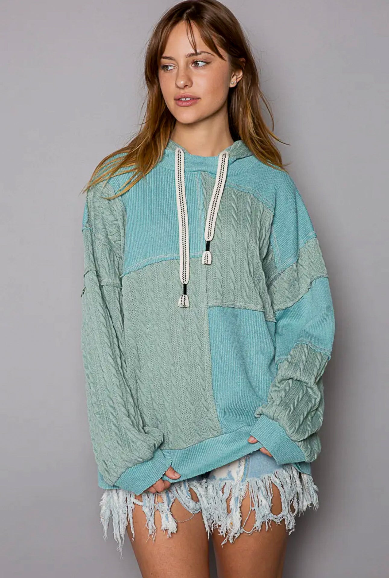 POL Balloon Sleeve Cut Sew Sweater Knit Top in Jade Green Womens