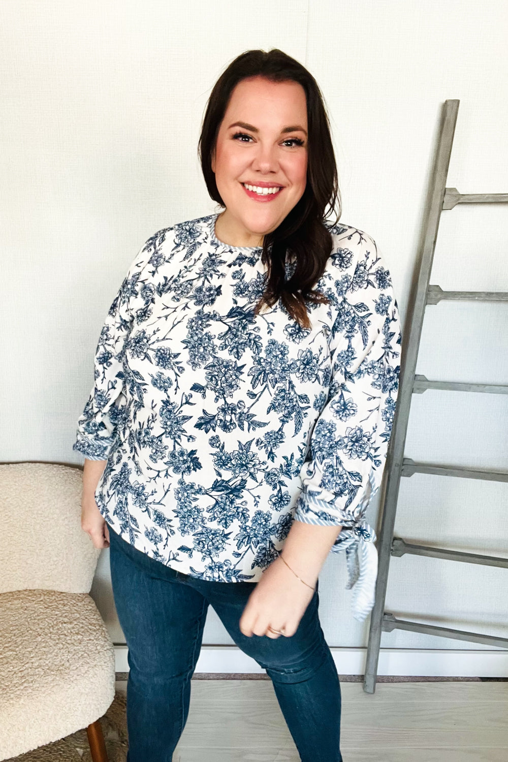 Large Haptics Vintage Chic Navy & Ivory Three-Quarter Bow Sleeve Contrast Stripe Blouse