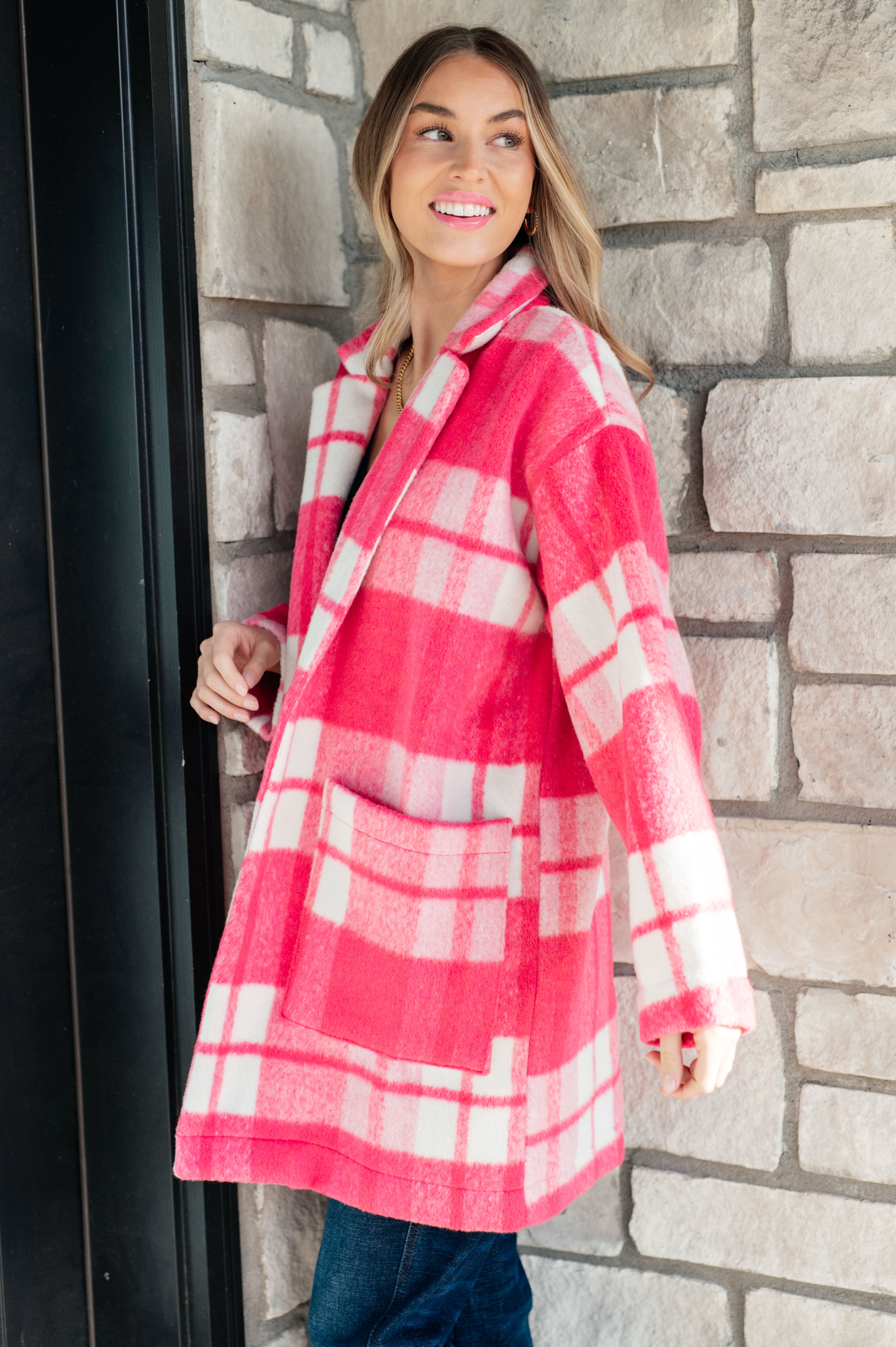 Davi & Dani Hot Pink Checker Plaid Open Front Drop Shoulder Longline Coat Coats & Jackets