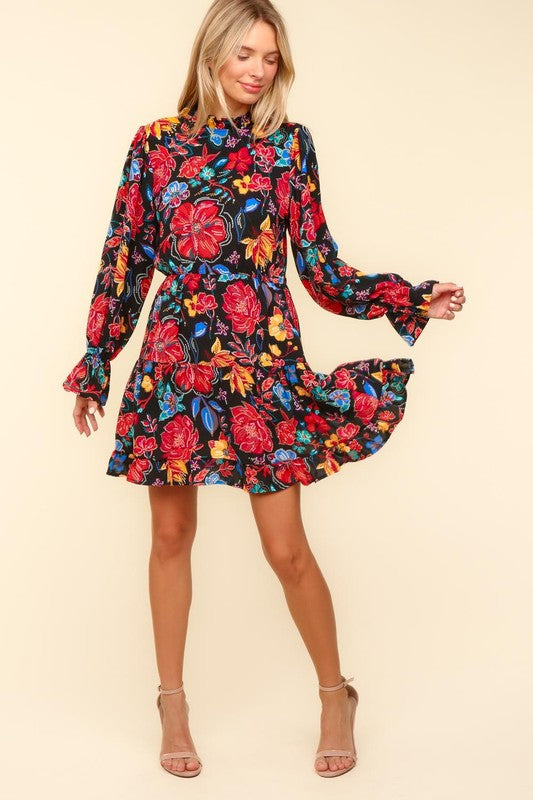 Haptics Lock Eyes Black Floral Sequin Print Ruffle Sleeve Frill Mock Neck Dress Dresses