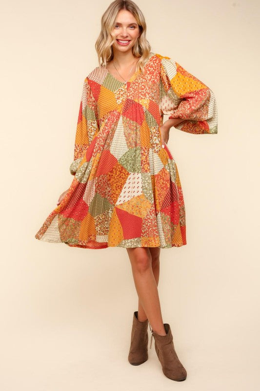 Haptics Fall Waffle Textured Patchwork Babydoll Dress