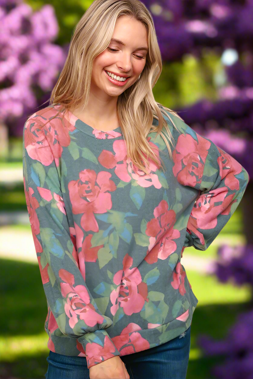 Haptics Hunter Green Floral Brushed Hacci Sweater Top
