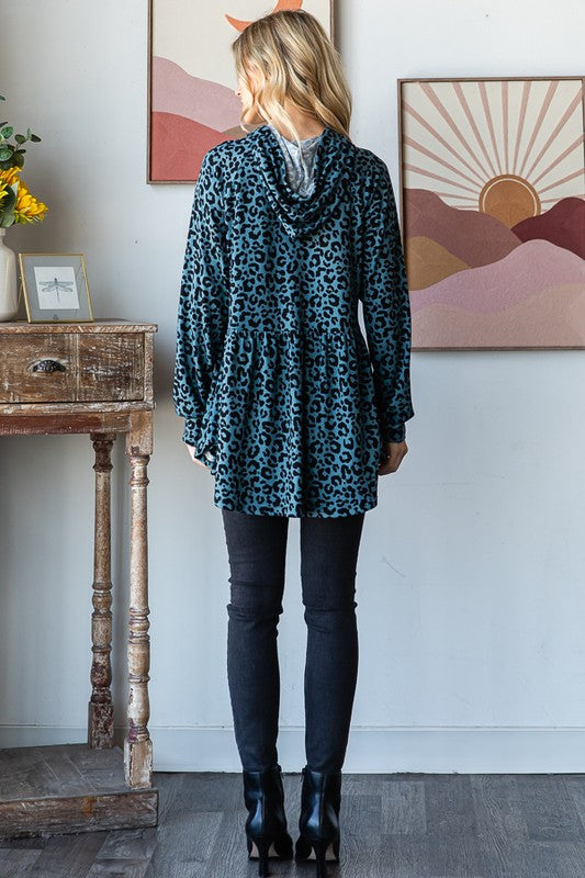 Heimish Teal Leopard Print Puff Sleeve Hooded Top Shirts & Tops