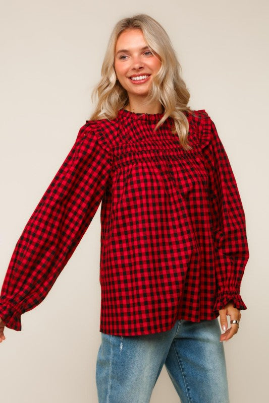 Haptics Red Frilled Mock Neck Gingham Check Woven Blouse