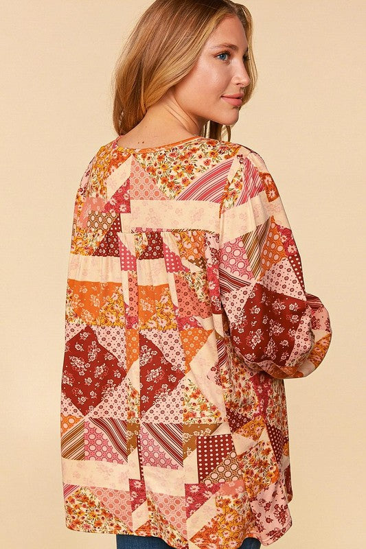 Haptics Rust & Magenta Patchwork Print Front Tie Boho Top