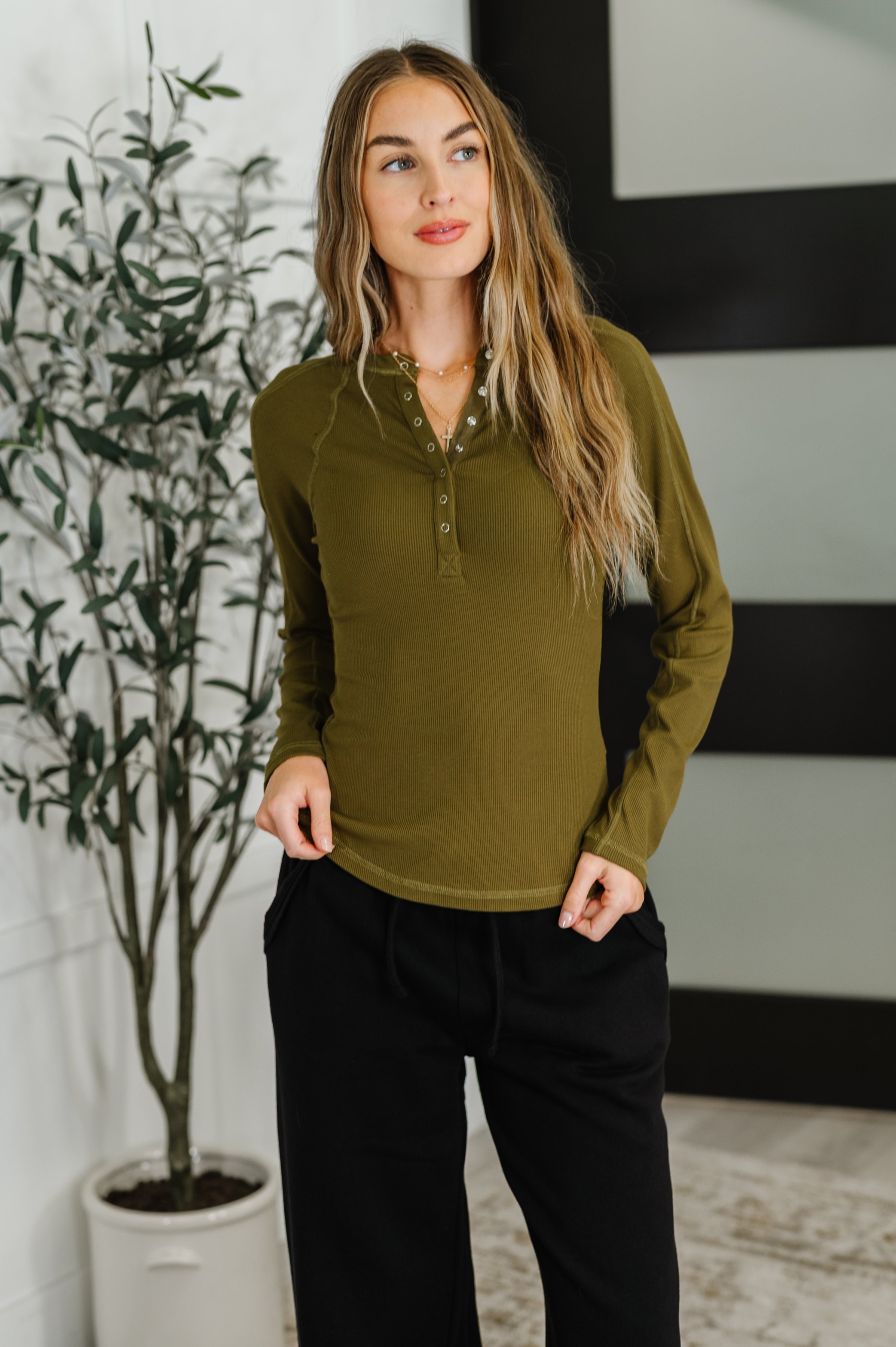 Mono B Effortless Edge Knit Henley Top in Camo Green Womens