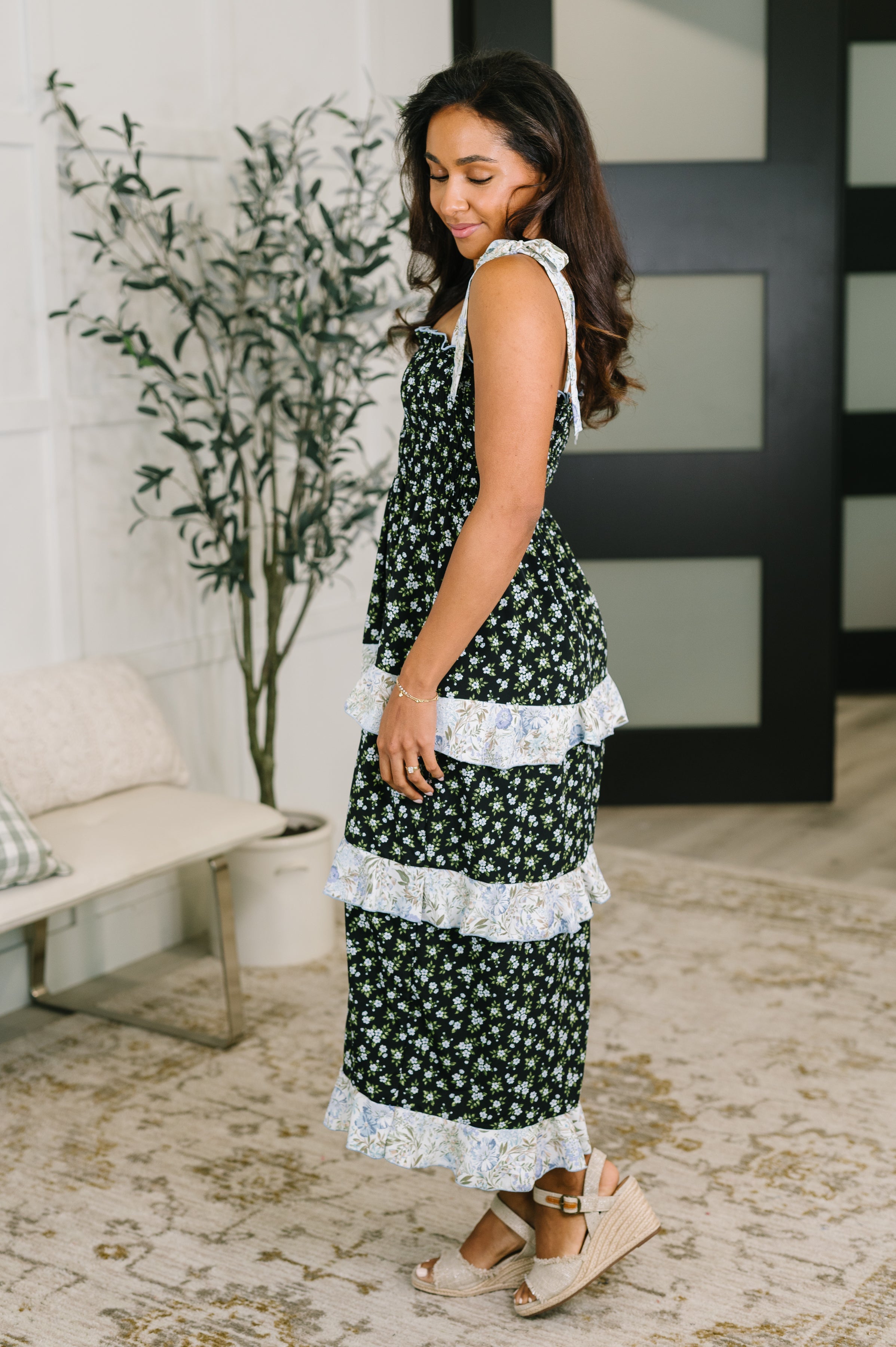 Haptics Elegant Edge Tiered Maxi Dress in Navy Womens