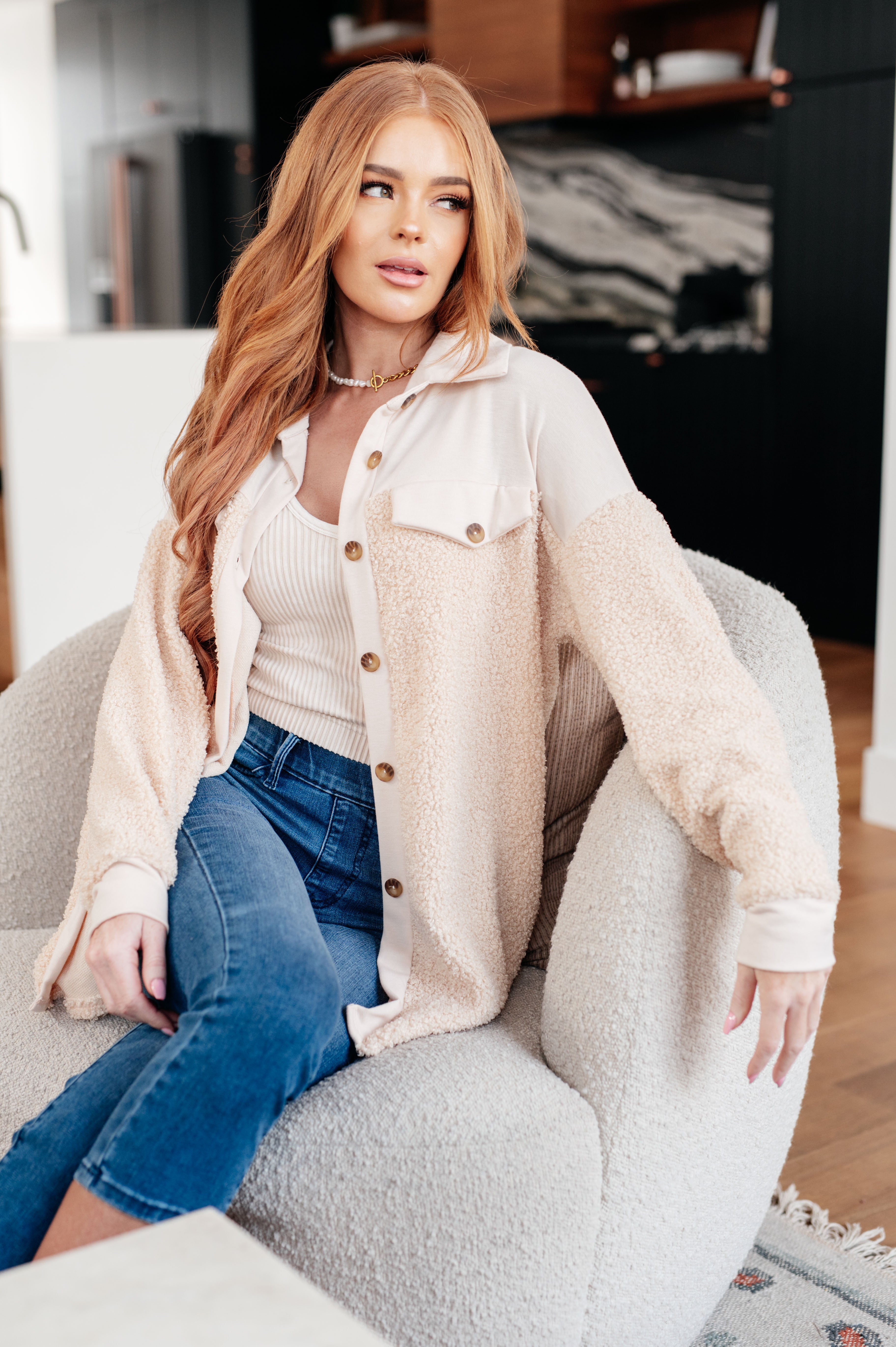 7th Ray Endless Potential Button Down Sherpa Shacket in Beige Layers