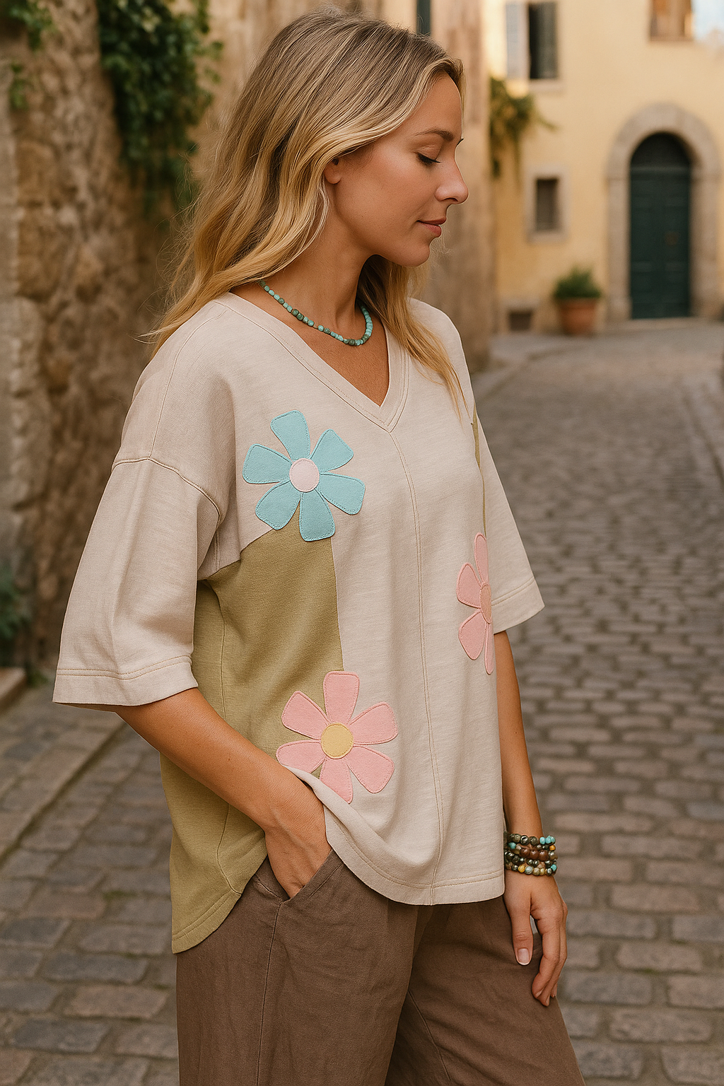 Preorder Vintage Floral Patch Color Block V-Neck T-Shirt