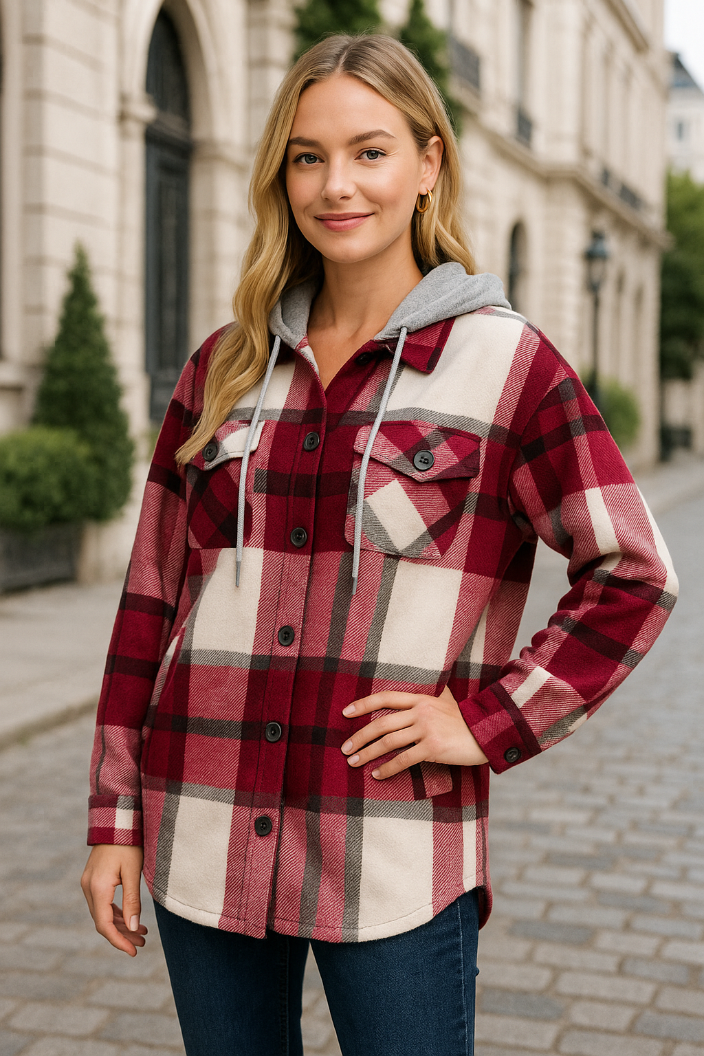 Zenana Cabernet Plaid Drawstring Hooded Fleece Shacket