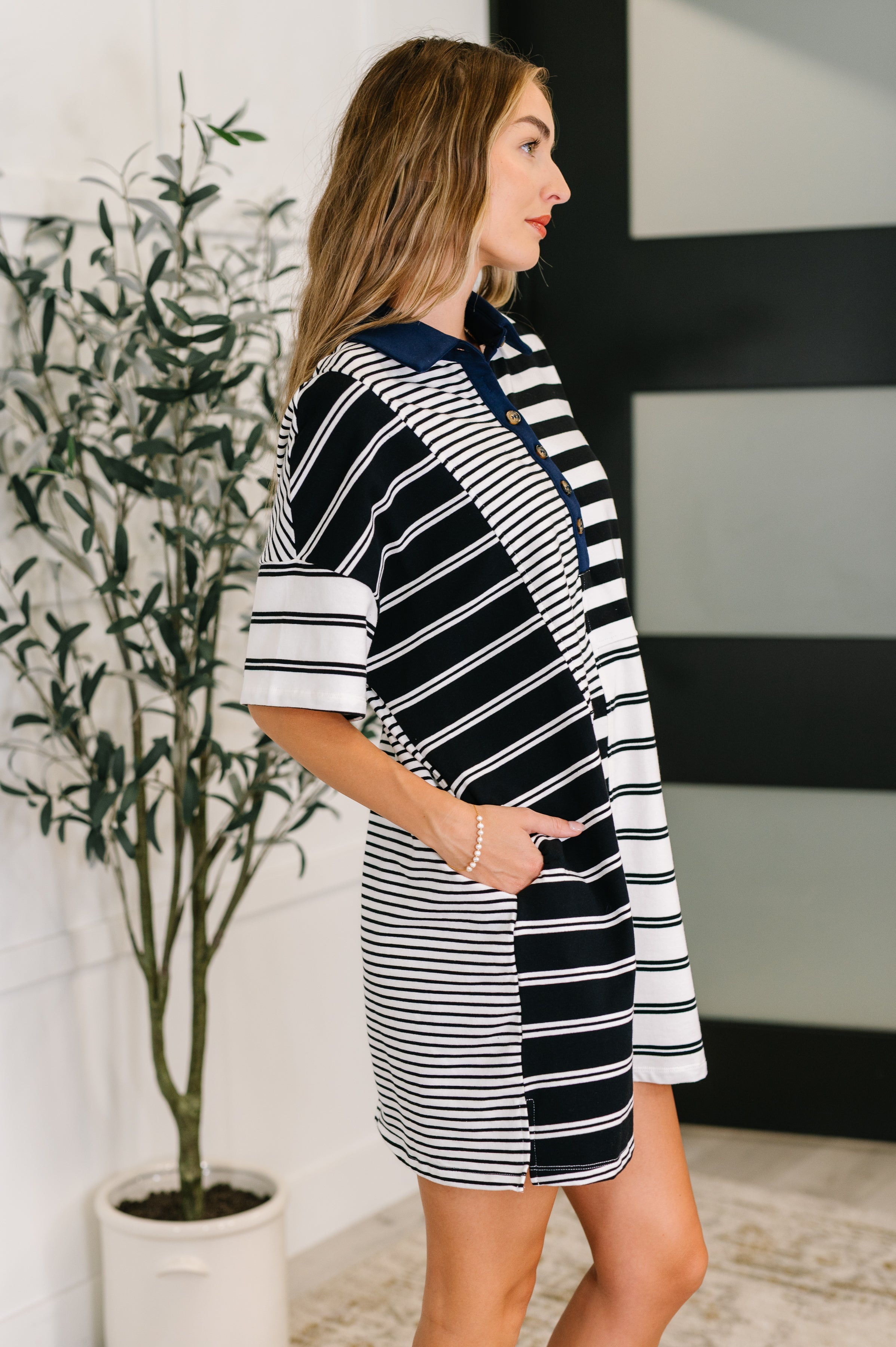 One Eleven North Everlasting Love Striped Collared Dress in Black and Navy Womens