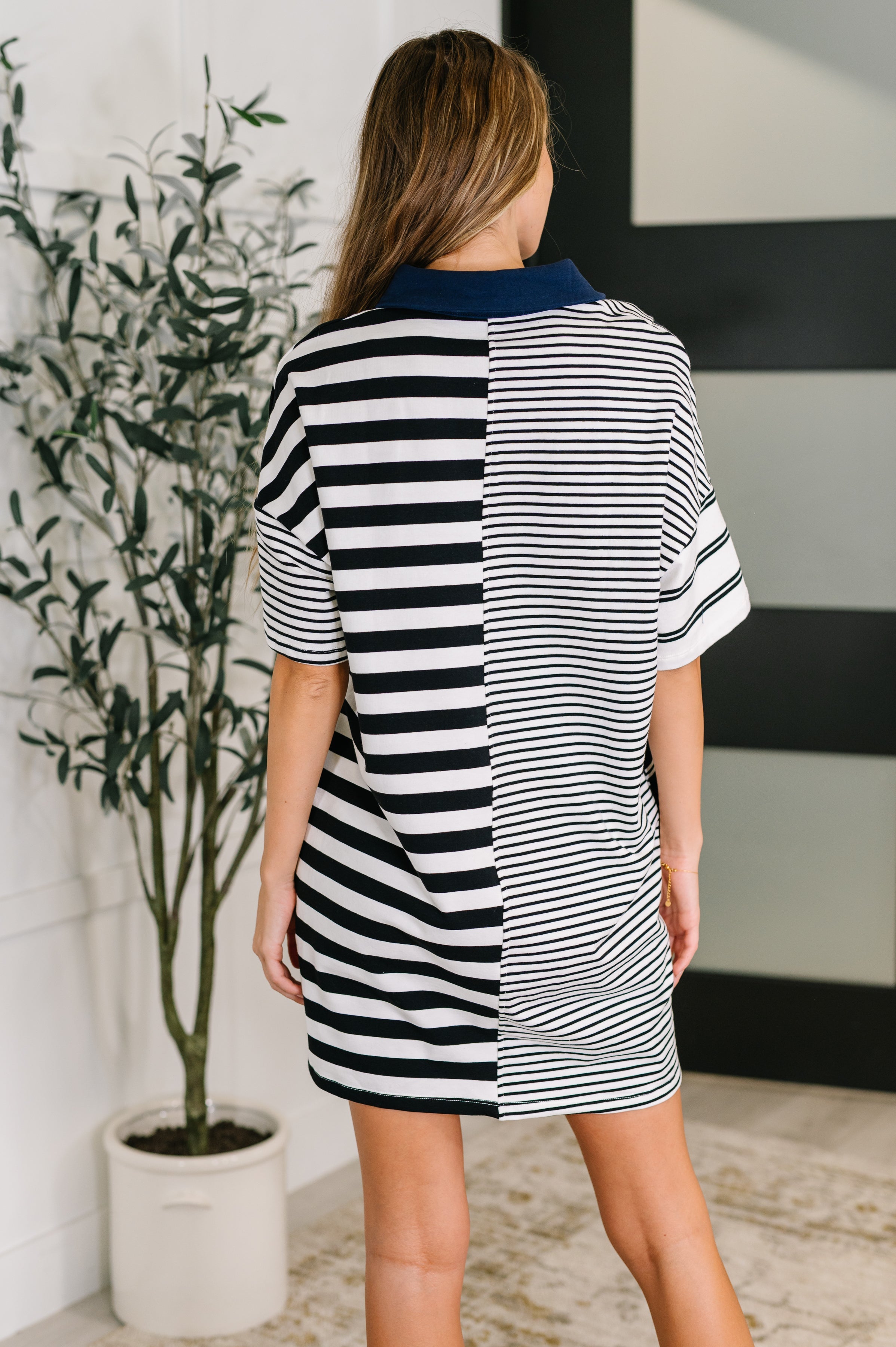 One Eleven North Everlasting Love Striped Collared Dress in Black and Navy Womens