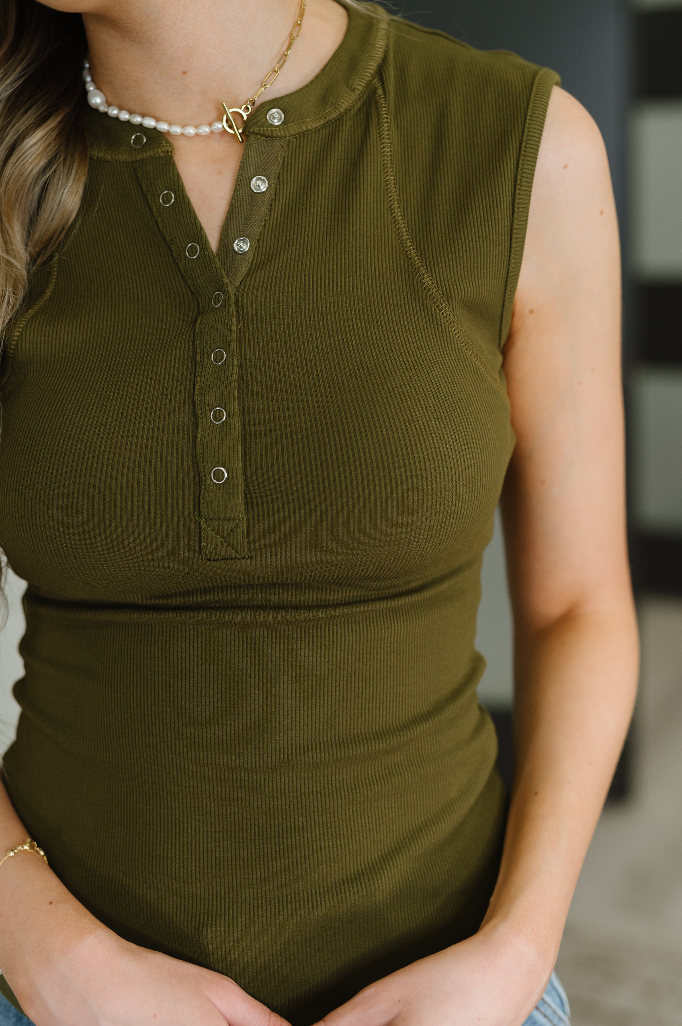 Mono B Everyday Edge Knit Henley Tank in Camo Green Womens