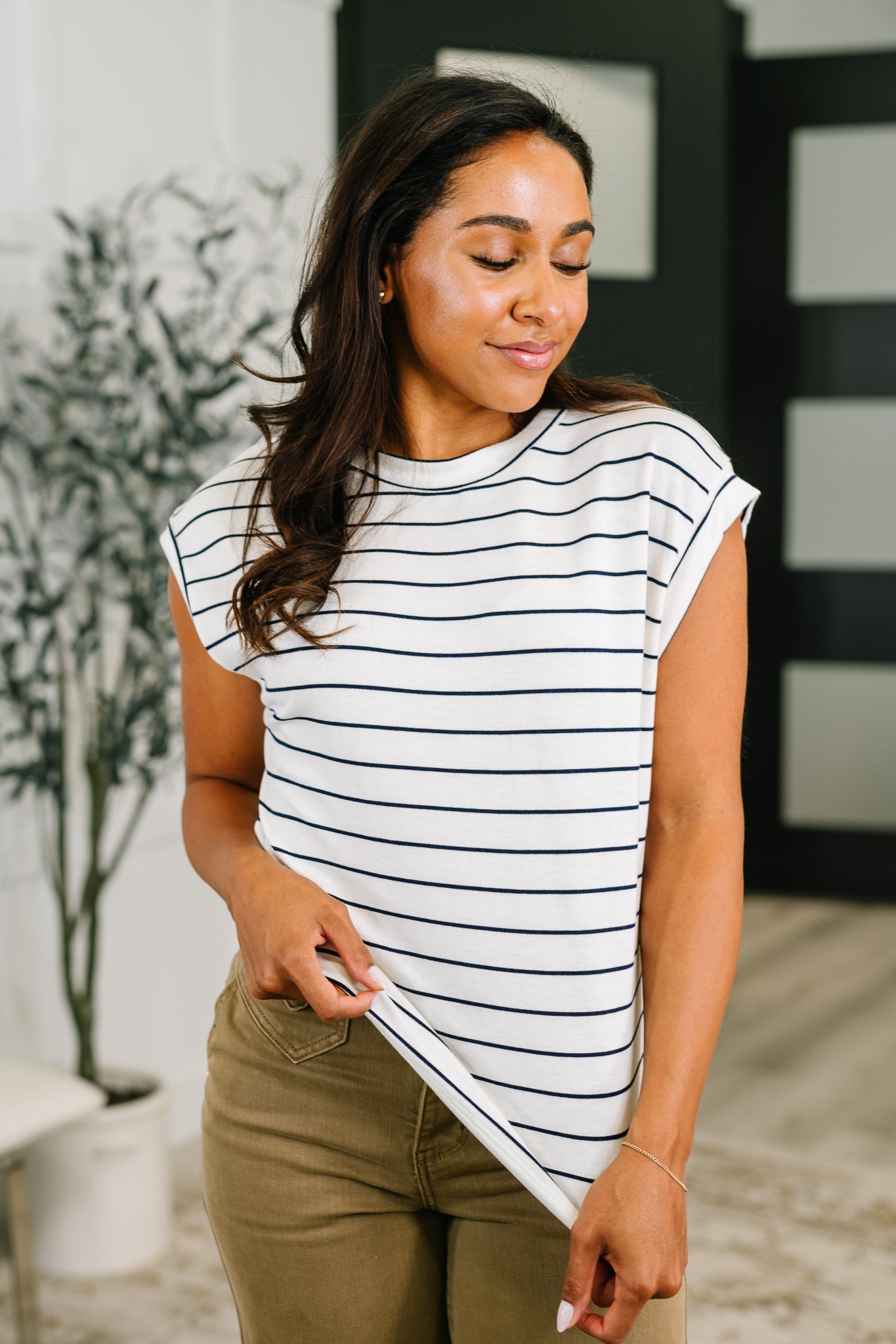 Everything In Between Striped Cap Sleeve Tee Womens