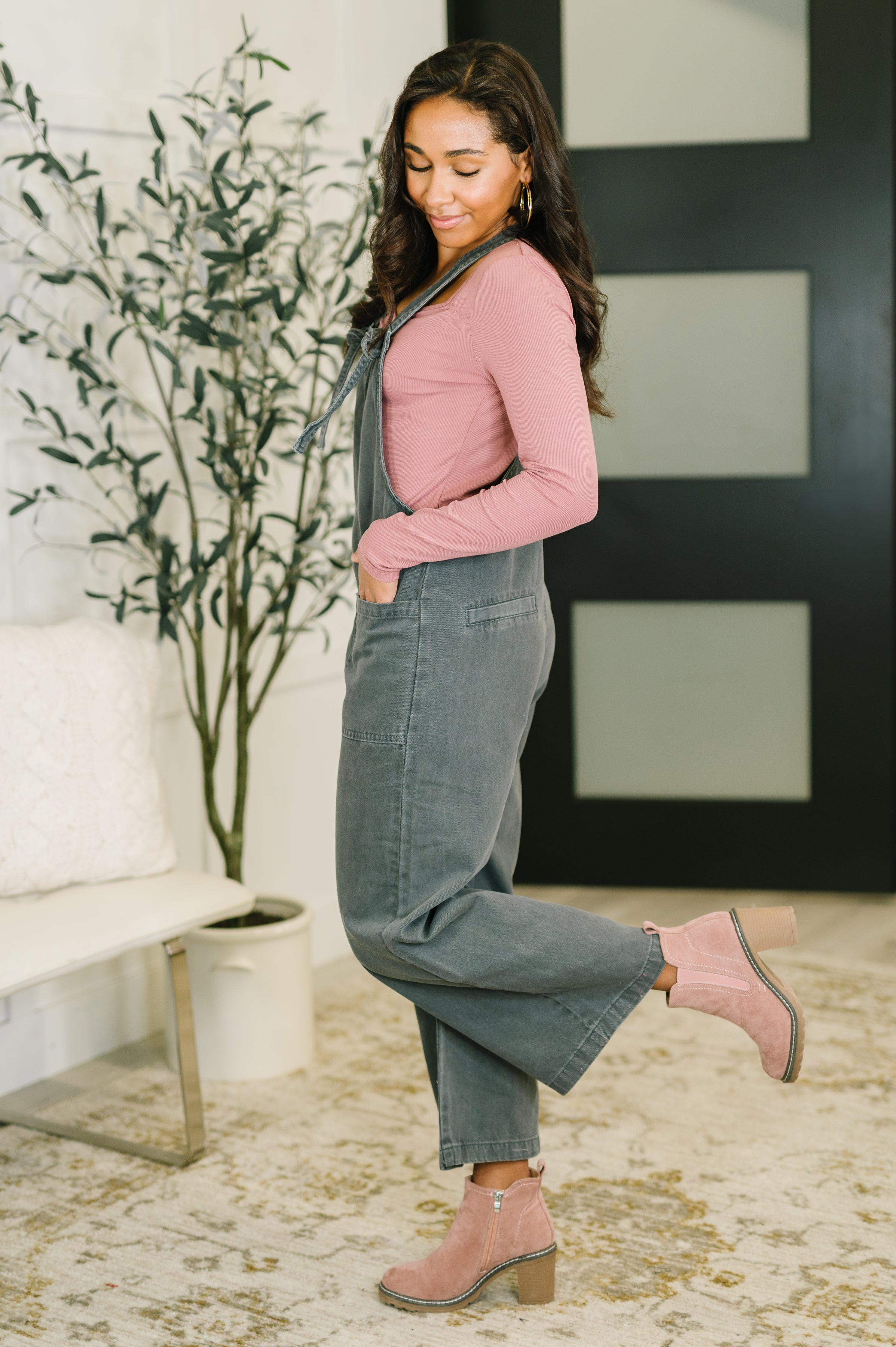 Zenana Exactly Where You Are Jumpsuit in Ash Black Womens